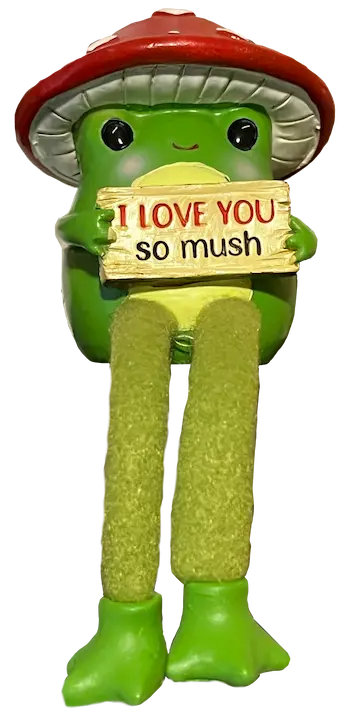a frog with a mushroom hat sitting down